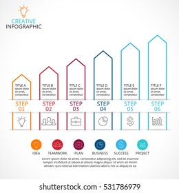 Vector up arrows linear infographic, diagram stairs chart, graph presentation. Business project with 6 options, parts, steps, processes. Growth, performance and success concept.