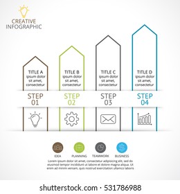 Vector up arrows linear infographic, diagram stairs chart, graph presentation. Business project with 4 options, parts, steps, processes. Growth, performance and success concept.