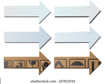 Vector arrows from lined and squared paper, and from cardboard with shadows (with space for text).