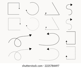 Vector arrows, lines in an abstract style on a transparent background. Isolated simple linear contour drawing. Collection of contour symbols. Vector art illustration. Movement charts.