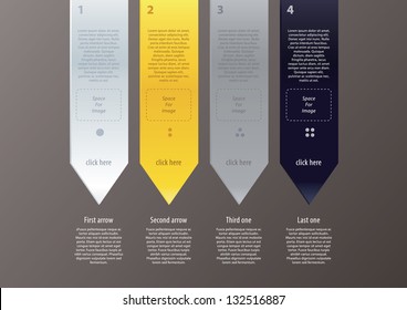 Vector arrows in minimalistic, modern design. Much space for your content. Four different colors. Four levels, steps or choices. Can be use as tutorial or presentation. Good for your website.