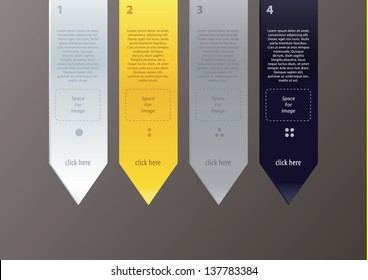 Vector arrows in minimalistic, modern design. Much space for your content. Four different colors. Four levels, steps or choices. Can be use as tutorial or presentation. Good for your website.