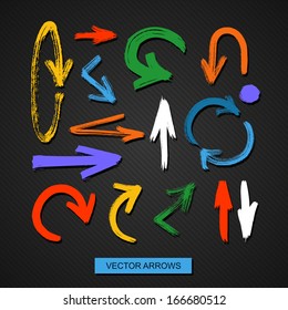Vector arrows on a black background. Brush strokes on striped dark background. Arrows for your design