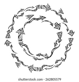 Vector arrows round frames. Black hand-drawn illustration. There is place for your text in the center.