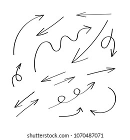 Vector Arrows Set, Hand Drawn Icons, Directional Signs, Black and White Illustration.