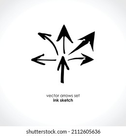 Vector arrows set ink sketch. Monochrome. Center and direction. Art draw by hand.