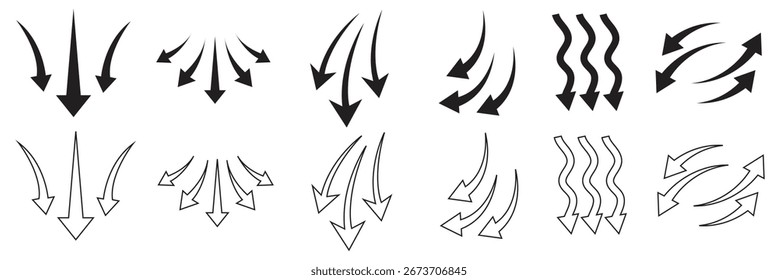Vector arrows set showing curves and motion.  air flow arrows showing wind circulation and ventilation. Collection of vector arrows with curved, wavy, and dynamic designs representing flow, rotation. 