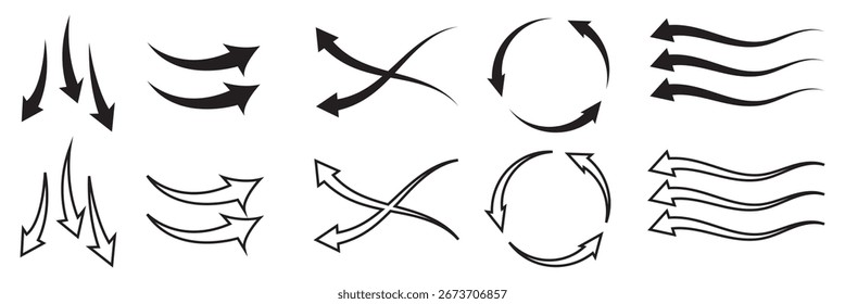 Vector arrows set showing curves and motion.  air flow arrows showing wind circulation and ventilation. Collection of vector arrows with curved, wavy, and dynamic designs representing flow, rotation. 