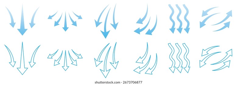 Conjunto de flechas de Vector que muestran curvas y movimiento. flechas de flujo de aire que muestran la circulación del viento y la ventilación. Colección de flechas de Vector con diseños curvos, ondulados y dinámicos que representan el flujo, la rotación. 