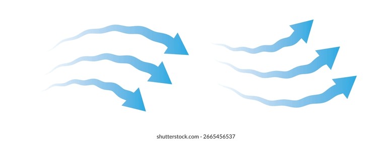Conjunto de setas vetoriais mostrando o fluxo do vento, a circulação do ar e a direção do movimento no gradiente azul