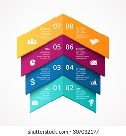 Vector arrows up success infographic. Template for growth diagram, graph, presentation and chart. Business startup concept with 4 or 8 options, parts, steps, processes. Performance data infographics.