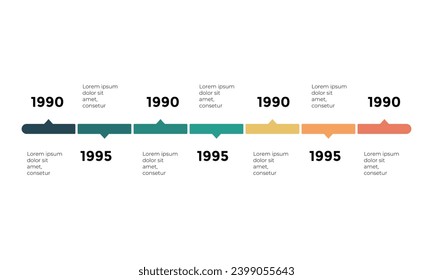 Vector arrows timeline infographic, diagram chart, graph presentation. Business infographics concept with options, parts, steps, processes. 7 time periods and points. Years from past to future.