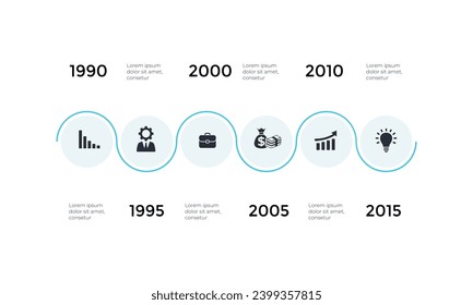 Vector arrows timeline infographic, diagram chart, graph presentation. Business infographics concept with options, parts, steps, processes. 6 time periods and points. Years from past to future.