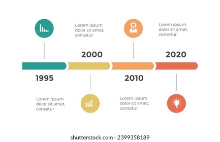 Vector arrows timeline infographic, diagram chart, graph presentation. Business infographics concept with options, parts, steps, processes. 4 time periods and points. Years from past to future.