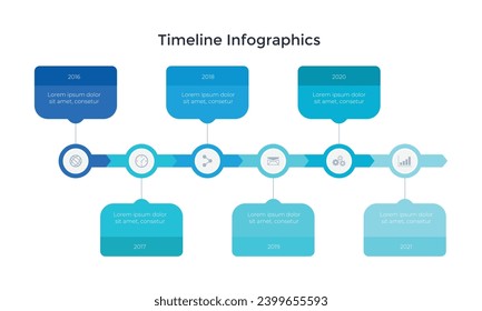 Vector arrows timeline infographic, diagram chart, graph presentation. Business infographics concept with options, parts, steps, processes. 6 time periods and points.