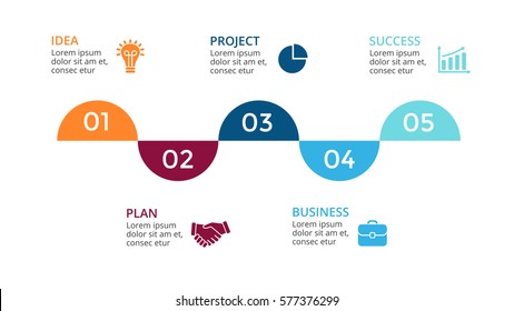 Vector arrows timeline infographic, diagram chart, graph presentation. Business concept with options, parts, steps, processes. 5 semicircles time periods and points. 16x9 infographics slide template.