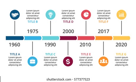 Vector arrows timeline infographic, diagram chart, graph presentation. Business infographics concept with options, parts, steps, processes. 7 time periods and points. Years from past to future.
