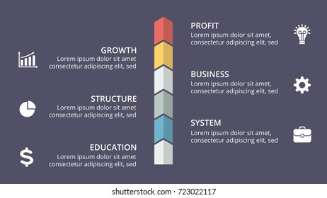 Vector arrows timeline infographic, diagram chart, graph presentation. Business infographics progress concept with 6 options, parts, steps, processes.