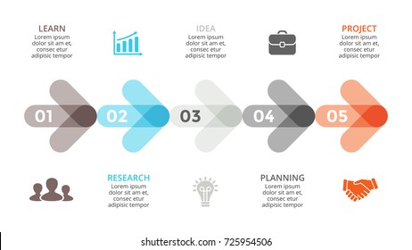 Vector arrows timeline infographic, diagram chart, graph presentation. Business infographics progress concept with 5 options, parts, steps, processes.