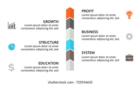 Vector arrows timeline infographic, diagram chart, graph presentation. Business infographics progress concept with 6 options, parts, steps, processes.