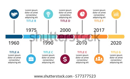 Vector arrows timeline infographic, diagram chart, graph presentation. Business infographics concept with options, parts, steps, processes. 7 time periods and points. Years from past to future.