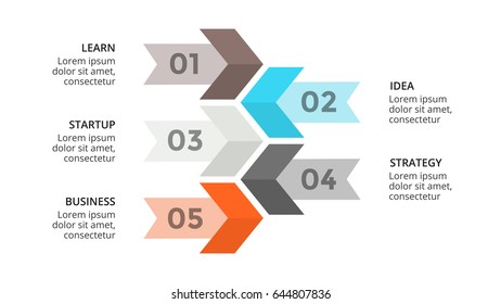 Las flechas vectoriales son infografía de línea de tiempo, diagrama de crecimiento, presentación de gráficos de rendimiento. Concepto de progreso del negocio con 5 opciones, partes, pasos, procesos. Plantilla de diapositiva 16x9.