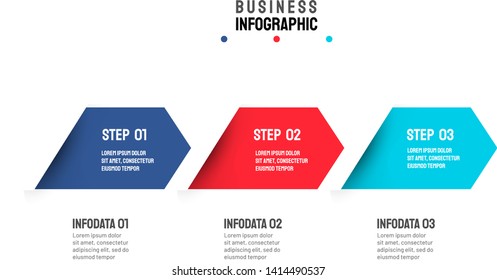 Vector arrows timeline infographic template with 3 options or steps. Can be used for flowchart, presentation, info chart, graph, annual report.