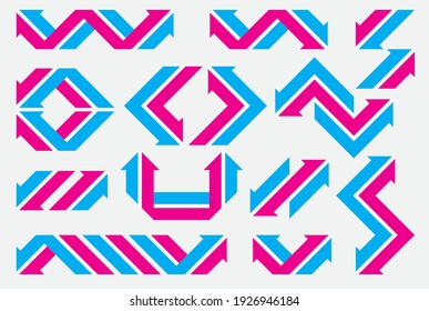 Vector arrows with a white stripe in the middle are curved at right angles