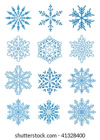 vector art of 12 blue xmas snowflake symbols. christmas holiday illustration for happy new year and merry christmas greeting cards