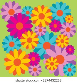 vector art of 70's inspired flowers with bright colors