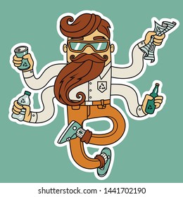 Vector art about recycling. Illustration of the bearded man who sorting recycable packings: plactic bottle, aluminium can, glass bottle and paper. Eco-friendly lifestyle.