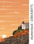 Vector art of Acadia National Park with an iconic view of Bass Harbor Head Light Station. An illustration of for art prints, badges or designs.