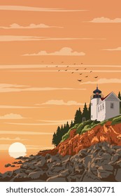 Vector art of Acadia National Park with an iconic view of Bass Harbor Head Light Station. An illustration of for art prints, badges or designs.