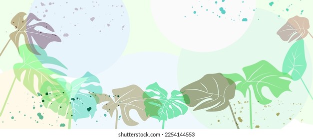 Vector Art de las hojas de la costilla de Adán. Hojas de monstera en tonos pastel con esferas claras y fondo salpicado de tinta. ilustración para papel pintado, afiche, carné de banner, impresión, web y embalaje.