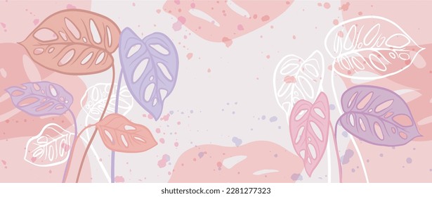 Vector Art of Adam's Rib leaves. Monstera leaves in pastel pink and purple colors tones with light spheres and ink splashes background. illustration for wallpaper, poster, banner card and print.
