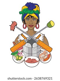 Vector art of an African woman with colorful headwrap, fondue pot, meat, vegetables, and skewers. Perfect for culinary, cultural, traditional cooking, or global cuisine-themed graphic designs.