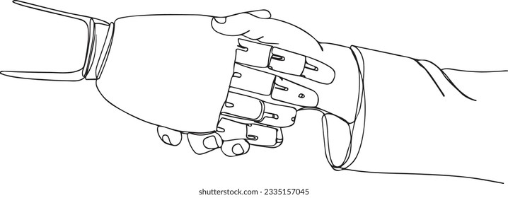 Arte vector: Robot de IA Agitando las manos con humano en un bosquejo continuo de línea, abrazo futurista: Robot de IA y apretón de manos humano en contorno continuo