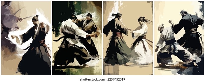 Arte vector de la pintura japonesa del aikido . Plantilla de Ilustración Gráfica de arte pop moderno afiche y portada de marca de agua adhesiva y colgante vector abstracto