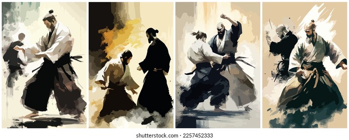 Arte vector de la pintura japonesa del aikido . Plantilla de Ilustración Gráfica de arte pop moderno afiche y portada de marca de agua adhesiva y colgante vector abstracto