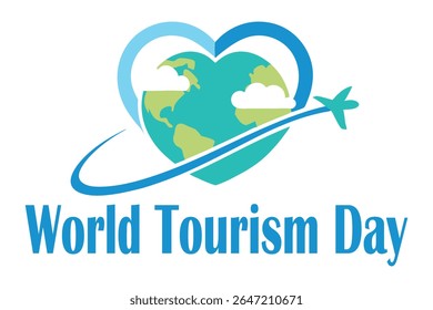Vector art of airplane trails forming a heart around Earth, with clouds shaped like global landmarks. Sky-blue gradient background and white base make it perfect for travel and unity-themed designs.