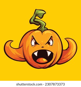 Vektorkunst, Angry Emoji Pumpkin-Zeichentrickgrafik, wütende Fangzähne, Halloween-Illustration