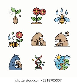 Vector art of animals and insects including bees butterflies birds and mammals in bright colors