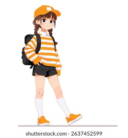 Vector art of Anime girl with backpack isolated on white background