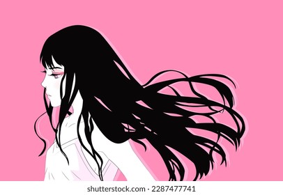 Vector art with anime girl on pink background.