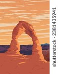 Vector art of Arches National Park with an iconic view of Delicate Arch. An illustration of for art prints, badges or designs.