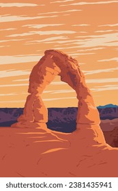 Vector del Parque Nacional de Arches con una icónica vista del Arco Delicado. Ilustración de impresiones, insignias o diseños artísticos.