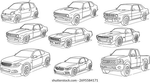Vector art of arrangement of nine different car outlines
