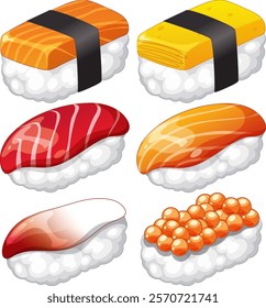 Vector art of assorted sushi pieces in detail