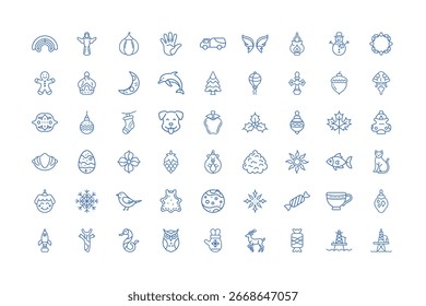 Vector art of assortment of christmas and winter holiday icons including trees, ornaments, snowmen, and festive animals, isolated