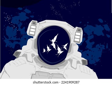 Vector Art Astronout  Floating in Dark Space with Reflection on the Space Helmet